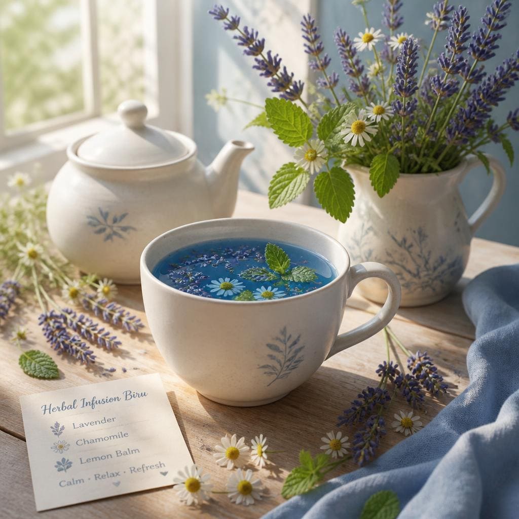Herbal Infusion Biru Te Sate dengan warna biru segar dan aroma herbal khas