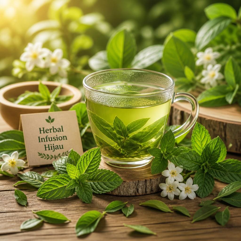 Herbal Infusion Hijau Te Sate dengan warna hijau dan rasa herbal ringan