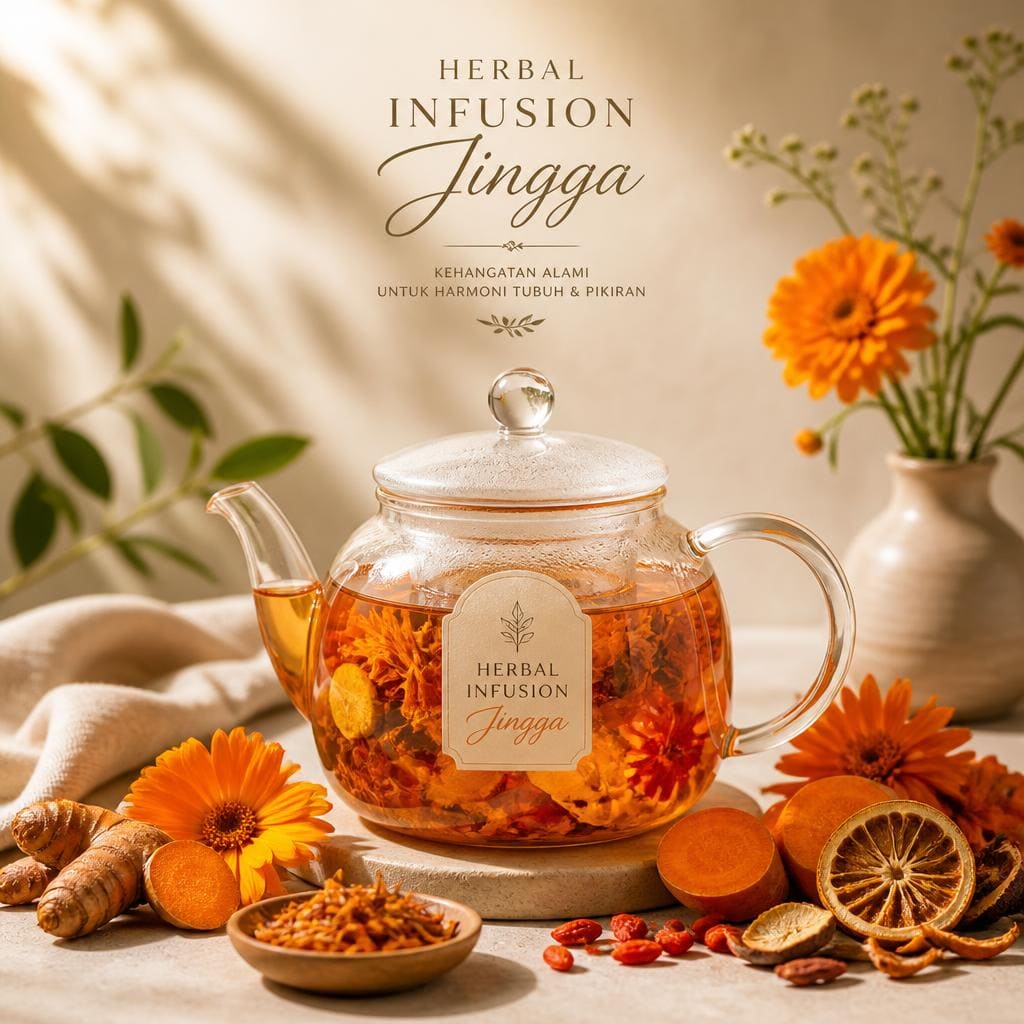 Herbal Infusion Jingga Te Sate dengan warna jingga dan rasa herbal ringan