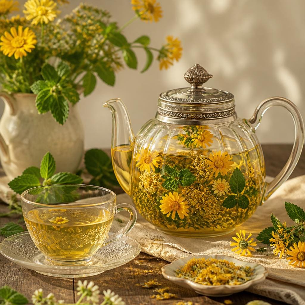 Herbal Infusion Kuning Te Sate dengan warna kuning dan aroma herbal segar