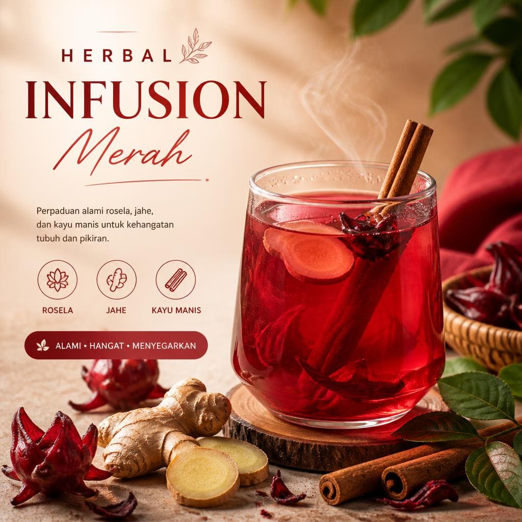 Herbal Infusion Merah Te Sate dengan warna merah segar dan aroma herbal khas