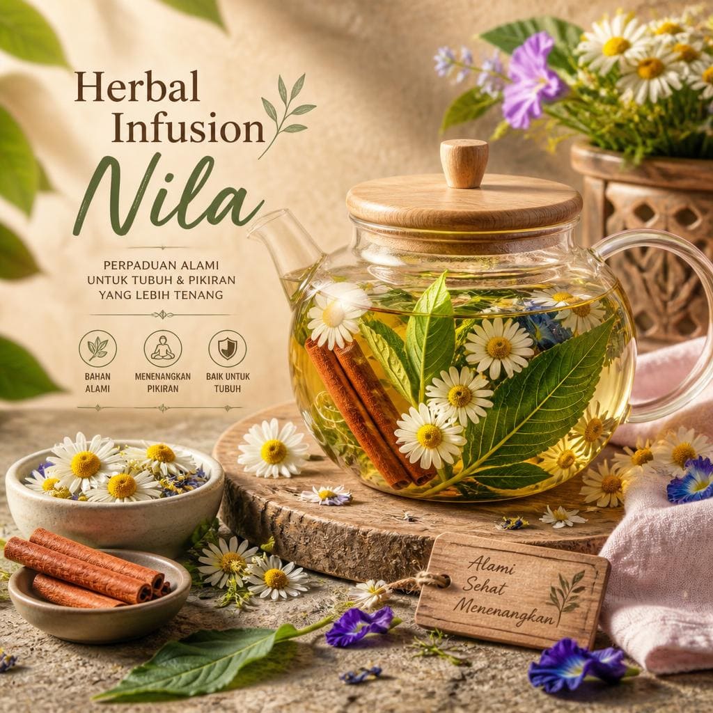 Herbal Infusion Nila Te Sate dengan warna nila dan rasa herbal ringan