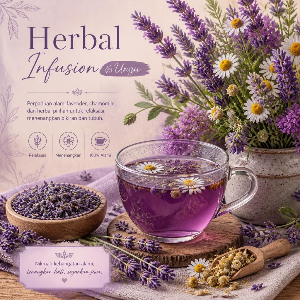 Herbal Infusion Ungu Te Sate dengan warna ungu segar dan aroma herbal khas