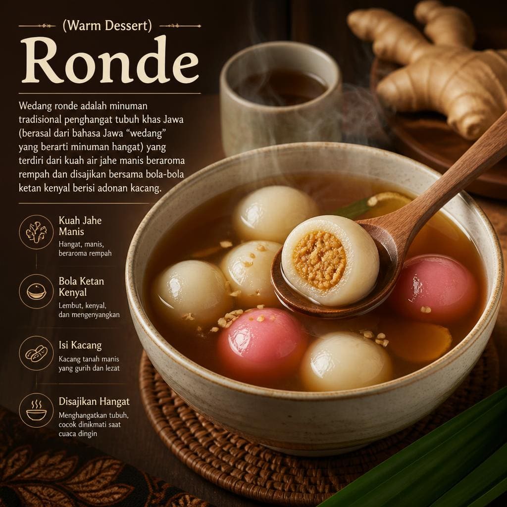 Ronde Te Sate dengan kuah hangat dan rasa manis gurih khas